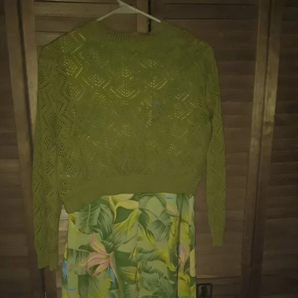 Lot- AGB SZ 8 Tropical Scoop Neck Fitted Short Dress + Open Weave Shrug Vacay ! - Picture 5 of 5